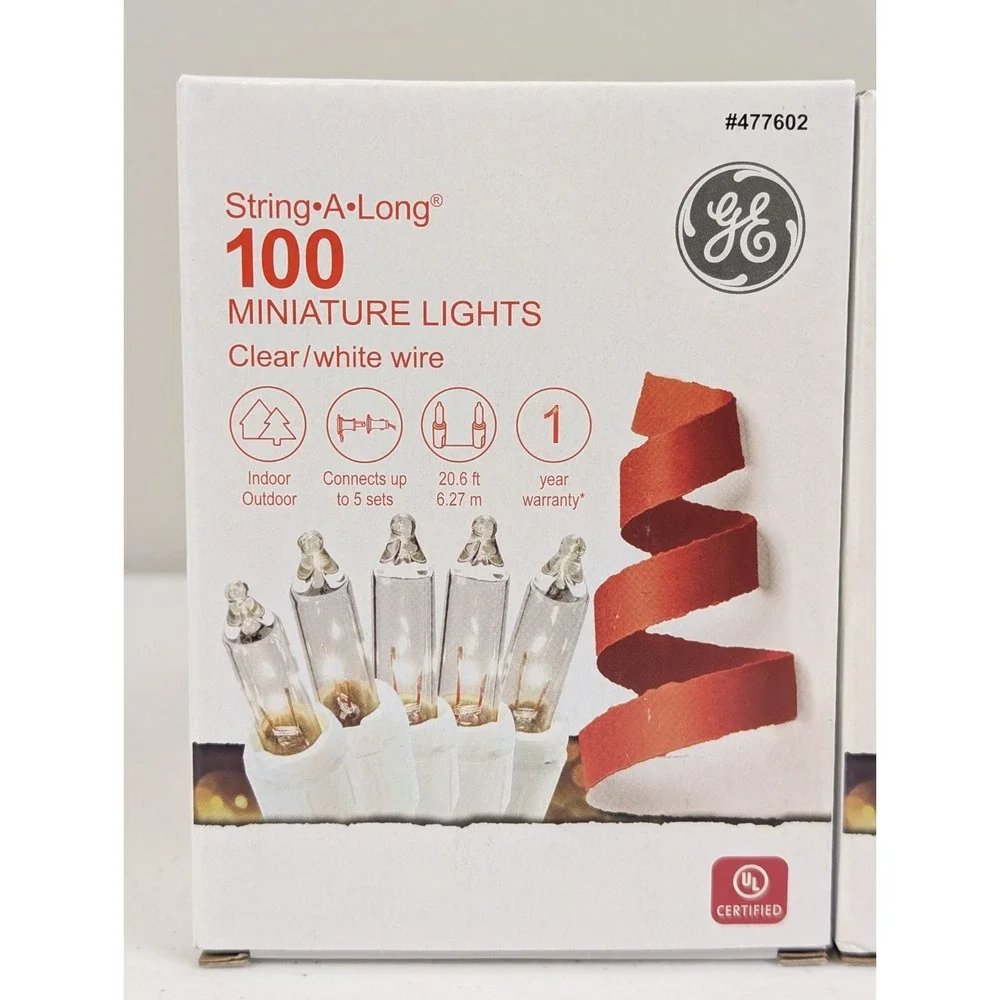 2X GE String A Long 100 Count Clear Mini Light Set White Wire Indoor/Outdoor NIB